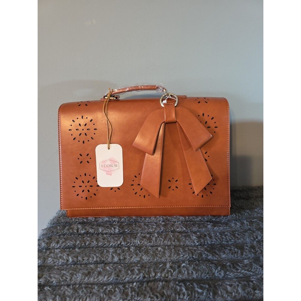 Ecosusi Briefcase Brown Laptop Bag Shoulder Computer Messenger Vegan Leather Bow